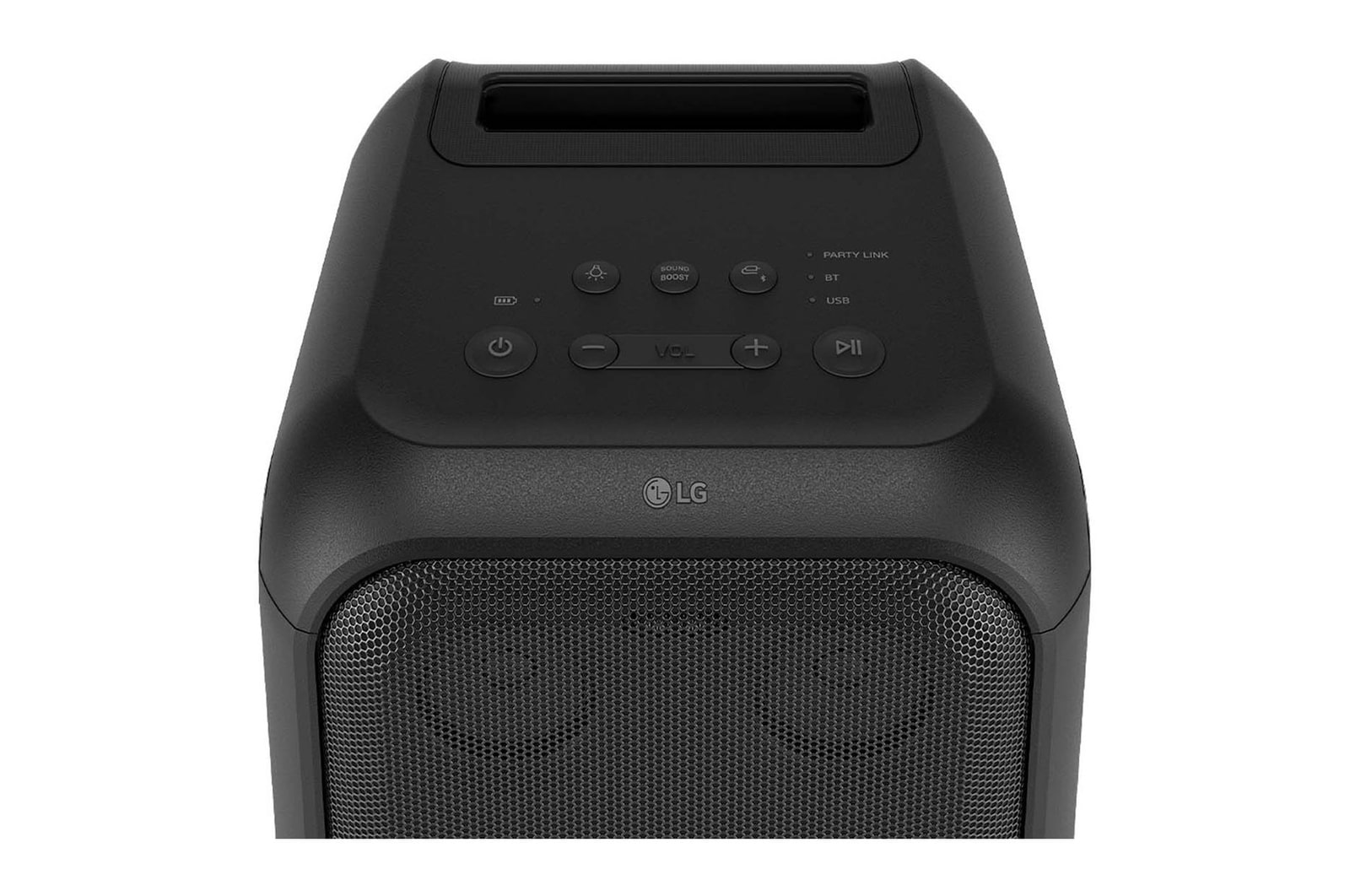 Nahaufnahme des Lautsprechers von oben. Gezeigt werden die Schaltflächen und das LG Logo.