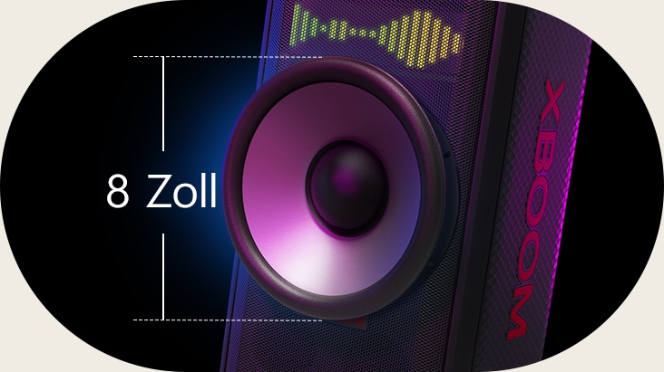 Nahaufnahme des riesigen 8-Zoll-Subwoofers. Auf der linken Seite steht „8 Zoll“, über dem Lautsprecher wird ein Klang-EQ angezeigt.
