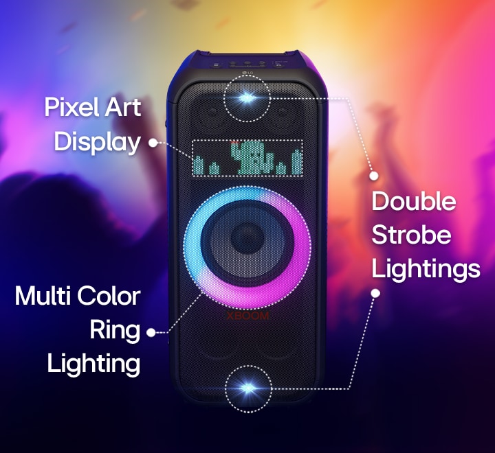 Vorderansicht des Lautsprechers. Zu jedem Teil der Beleuchtung ist eine Zeile vorhanden. Double Strobe Lightings oben und unten. In der Mitte ist Multi Color Ring Lighting mit rosa und türkisem Farbverlauf eingeschaltet. Darüber befindet sich Dynamic Pixel Lighting mit einem Kaktus.