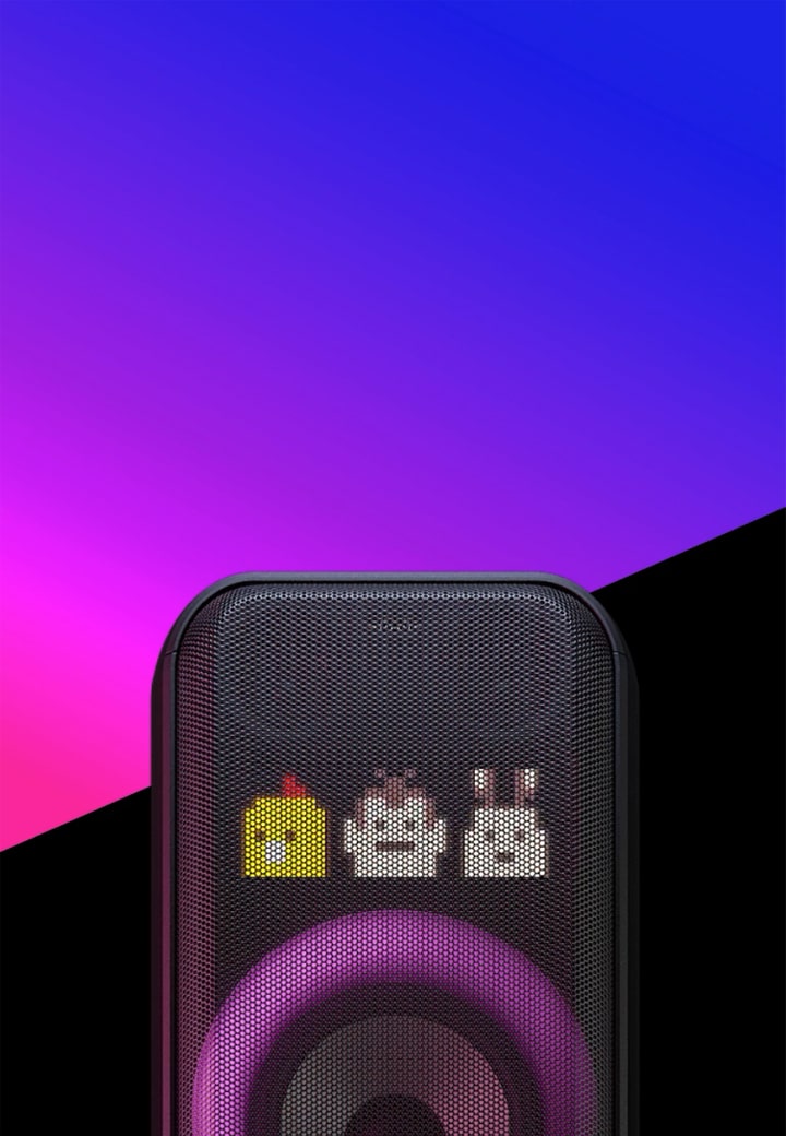 Unter einer lila Farbverlaufsfläche angezeigt befindet sich Text auf einer diagonalen schwarzen Farbfläche. Der Lautsprecher ist dazwischen platziert und zeigt Dynamic Pixel Lighting und Multi Color Ring Lighting.