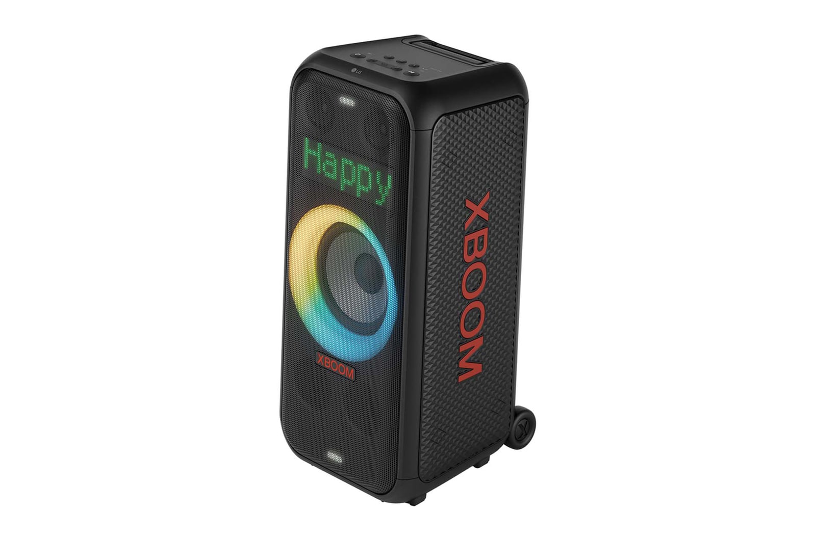 Linke Seite vorwärts mit eingeschalteter Beleuchtung. Auf dem Panel der dynamischen Pixel-Beleuchtung ist der Text Happy zu sehen.