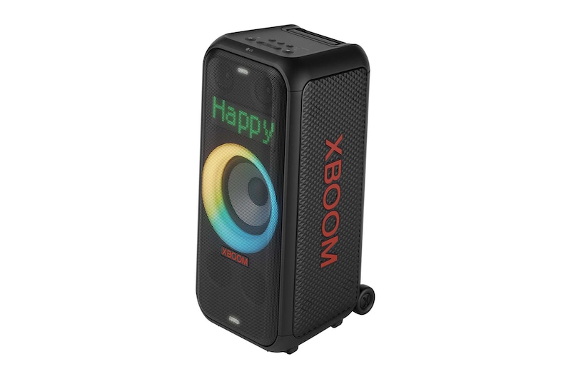 Linke Seite vorwärts mit eingeschalteter Beleuchtung. Auf dem Panel der dynamischen Pixel-Beleuchtung ist der Text Happy zu sehen.