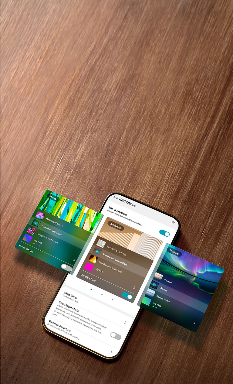 Bild eines Telefons mit der XBOOM-App; enthält den Umgebungsmodus, den Naturmodus und den Partymodus.