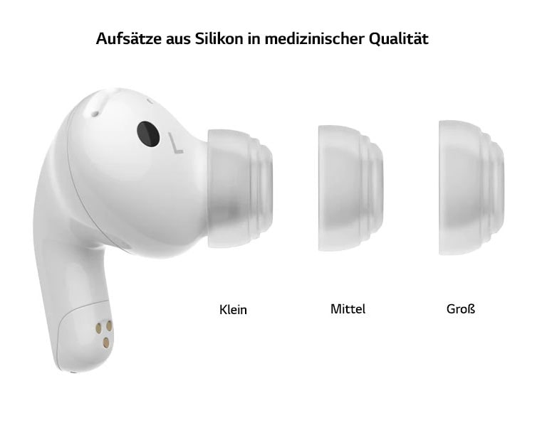 Eine Seitenansicht des Ohrhörers mit den drei Größen der Ohrstöpsel.
