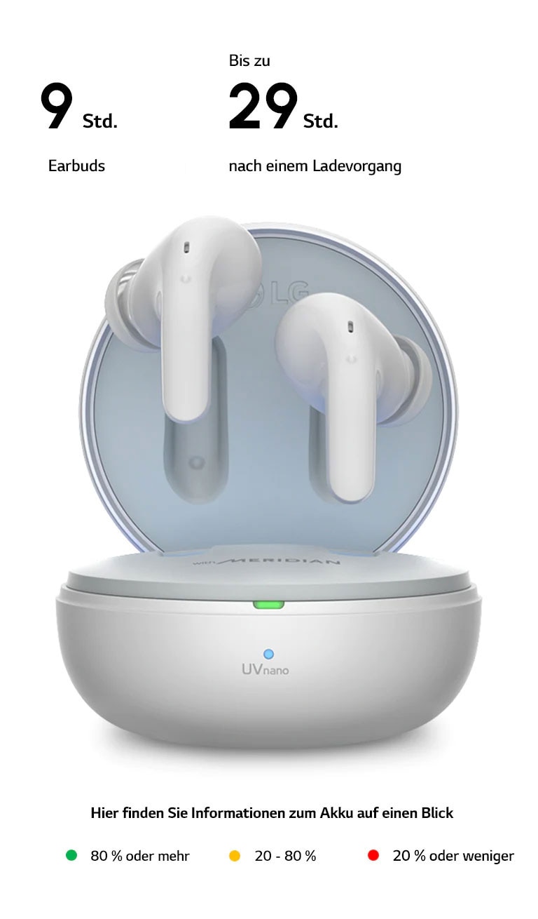 Die Ohrstöpsel schweben über einer offenen Ladestation, die auf einem Wireless Charger Pad sitzt. Daneben befinden sich Symbole mit den verschiedenen Farben, die die Ladestation anzeigt. Darunter wird der Text "Akkustand auf einen Blick" angezeigt. Ein grünes Licht bedeutet 80% oder mehr. Ein gelbes Licht bedeutet 20-80%. Ein rotes Licht bedeutet 20% oder weniger.