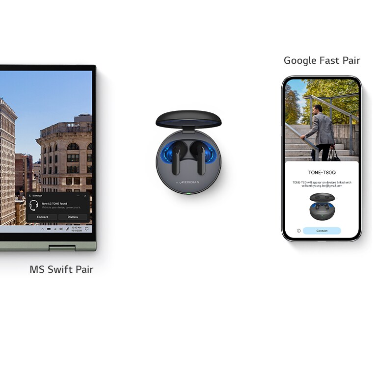 Ein Video mit Ringen um das Gehäuse herum stellt den Kopplungseffekt dar und ein Kopplungs-Pop-up-Fenster erscheint auf Laptop und Smartphone.