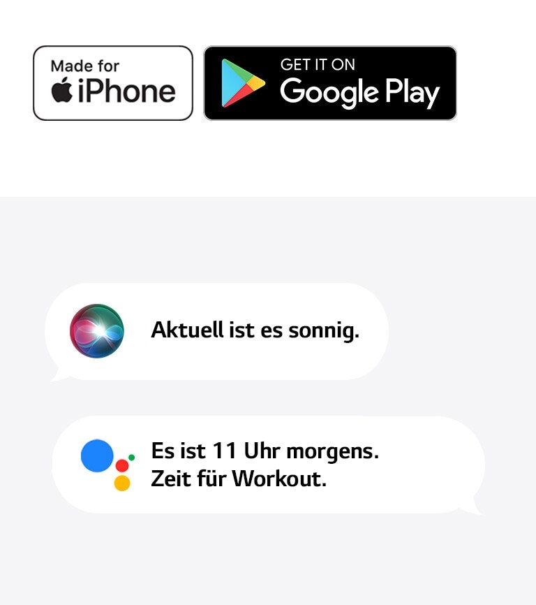 Apple Store logo. Google Play Store logo. An image of Siri saying "It's curaApple Store-Logo. Google Play Store-Logo. Ein Bild von Siri, das sagt: "Es ist derzeit sonnig" und Google Assistant, der sagt: "Es ist 11 Uhr. Zeit zum Trainieren".rently sunny" and Google Assistant saying "It's 11AM. Time to workout."