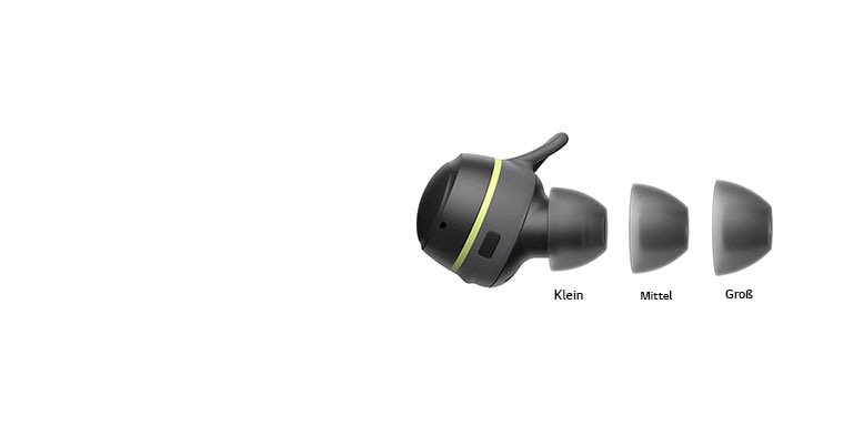 Ein TONE Free Fit Ohrhörer ist von der Seite zu sehen mit kleinen, mittleren und großen Gelkappen.