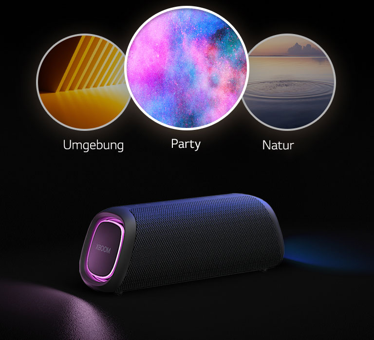 Zu sehen ist der LG XBOOM Go XG5 mit violetter Beleuchtung. Oberhalb des Geräts werden drei Light-Studio-Modi angezeigt: Umgebung, Natur und Party.