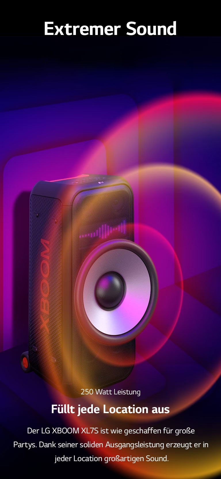 LG XBOOM XL7S wird im unendlichen Raum platziert. An der Wand sind quadratische Sound-Grafiken abgebildet. In der Mitte des Lautsprechers ist ein 8-Zoll-Riesen-Tieftöner vergrößert, um seinen 250-Watt-Sound zu unterstreichen. Vom Woofer gehen Schallwellen aus.