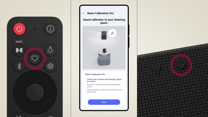 LG ThinQ-App mit Room Calibration Pro mit Fernbedienung und Lautsprecher zur Optimierung des Klangs auf die Raumakustik