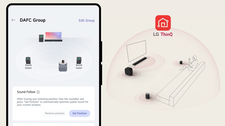 LG ThinQ-App demonstriert das Nachvollziehen der Position des Nutzers durch „Sound Follow“. Die Lautsprecher passen den Klang um den Sitzbereich herum an.