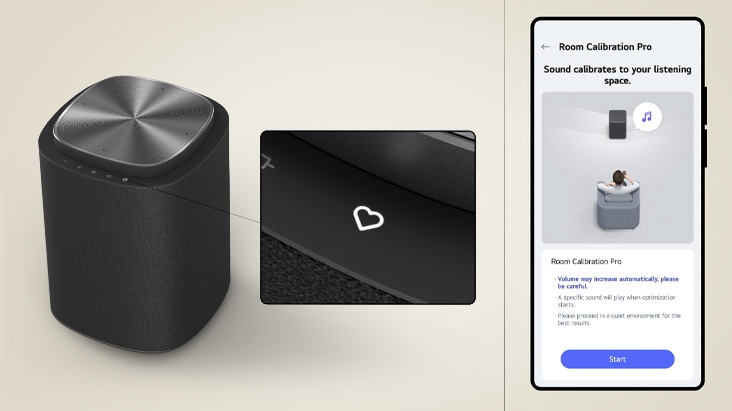 LG ThinQ-App mit Room Calibration Pro mit Fernbedienung und Lautsprecher zur Optimierung des Klangs auf die Raumakustik