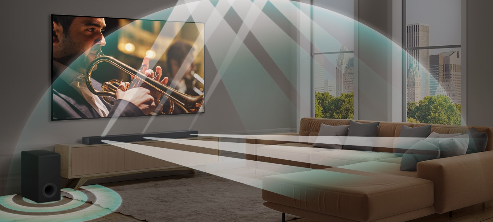 Eine LG Soundbar, LG TV und ein Subwoofer stehen in einer modernen Stadtwohnung. Die LG Soundbar sendet drei Verzweigungen von Schallwellen aus, die aus weißen Tröpfchen bestehen, die auf dem Boden schweben. Weitere Schallwellen in Form von weißen Tröpfchen schießen von der Oberseite der Soundbar herauf. Neben der Soundbar befindet sich ein Subwoofer, der einen Klangeffekt von unten erzeugt. Soundbar und Subwoofer gemeinsam erzeugen einen Kuppeleffekt im Raum.