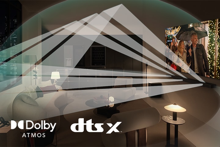 "Ein Film läuft auf einem LG OLED TV und einer LG Soundbar in einer modernen Stadtwohnung in einer Schrägansicht von der Seite. Weiße Perlen, die Schallwellen darstellen, werden von der Soundbar und dem Fernseher nach oben und unten projiziert und erzeugen eine Kuppel aus Klang im Raum. Dolby Atmos-Logo DTS X-Logo"	