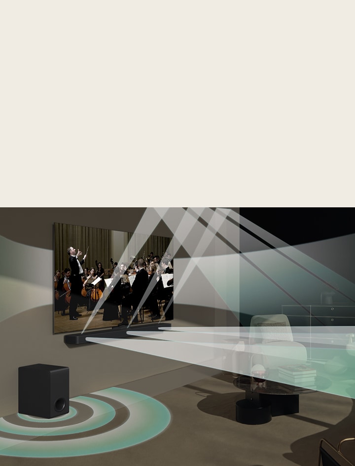 LG TV, LG Soundbar und ein Subwoofer befinden sich in einem Wohnzimmer und spielen eine Musikaufführung. Weiße Tröpfchen bilden Schallwellen, die von der Soundbar nach oben und vorne schießen und vom Fernseher projiziert werden. Ein Subwoofer erzeugt einen Klangeffekt von unten.