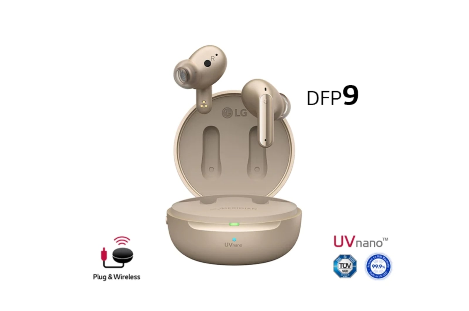 Ein mit einem Winkel von 15 Grad geöffnetes Lade-Etui bei eingeschalteter Stimmungsbeleuchtung. Die Logos von UVnano und Plug & Wireless sind ebenfalls zu sehen.