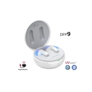 Ein mit einem Winkel von 15 Grad geöffnetes Lade-Etui bei eingeschalteter Stimmungsbeleuchtung. Die Logos von UVnano und Plug & Wireless sind ebenfalls zu sehen.