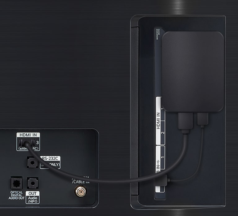 Das Bild zeigt die Rückseite eines Fernsehers in Nahaufnahme. WOWCAST ist an der Rückseite des Fernsehers angebracht und über den HDMI-Anschluss an den Fernseher angeschlossen.