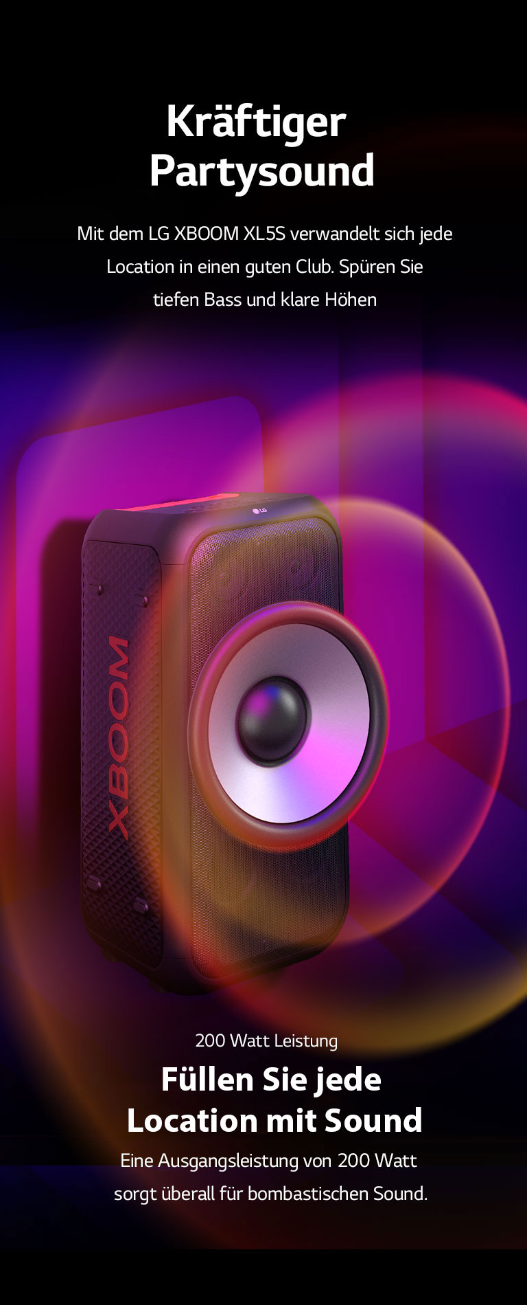 Der LG XBOOM XL5S wird im unendlichen Raum aufgestellt. An der Wand sind quadratische Sound-Grafiken abgebildet. In der Mitte des Lautsprechers ist ein 6,5-Zoll-Riesen-Woofer vergrößert, um seinen 200-W-Sound zu unterstreichen. Vom Woofer gehen Schallwellen aus.