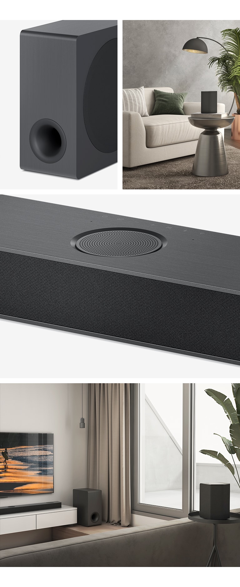 Collage. Von links: Bild eines Subwoofers, der hintere Lautsprecher steht auf dem Couchtisch im Wohnzimmer. Rechts, von oben nach unten: Nahaufnahme des mittleren Upfiring-Kanals. Die LG Soundbar im Set und der LG TV befinden sich in einem Wohnzimmer. Der TV-Bildschirm zeigt einen Sonnenuntergang am Strand.
