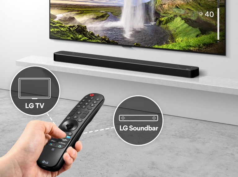 Eine Hand hält eine Fernbedienung, die den TV und die Soundbar im Hintergrund steuert. Die Logos von LG TV und LG Soundbar sind zu sehen.