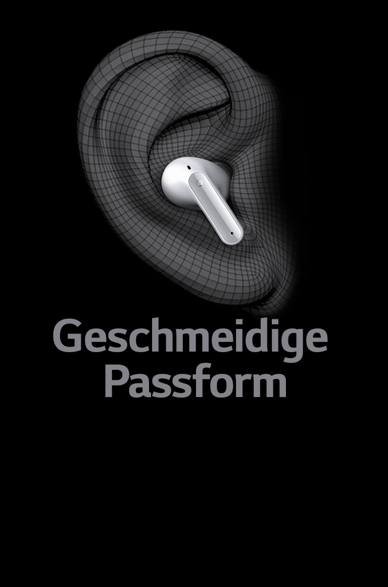 Bild von einem TONE Free, der in einer 3D-Ohrmuschel sitzt. Darunter steht „Ergonomische Passform“.