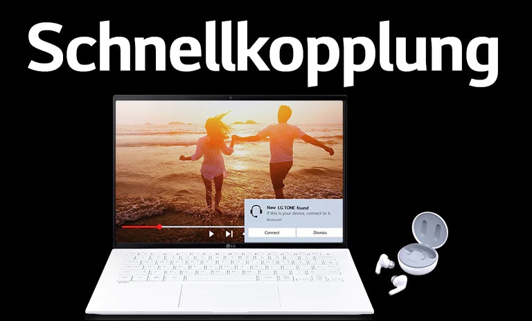 Abbildung eines Laptops und der TONE-Free-Earbuds unter dem Schriftzug „Schnellkopplung“, wobei die Kopplungsbenachrichtigung auf dem Laptop-Bildschirm angezeigt wird.
