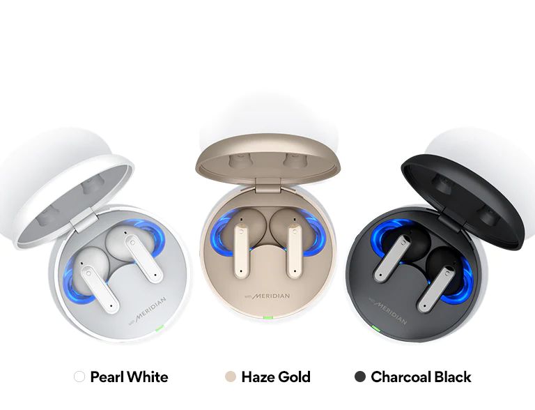 Ansicht von oben auf die TONE Free in den Farben Schwarz, Gold und Weiß, darüber die Worte „WÄHLEN SIE IHRE TONE-Earbuds“.