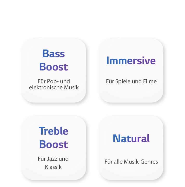 Vier EQ-Modi, Bass Boost, Immersive, Treble Boost und Natural, sind vor dem Hintergrund eines weißen Quadrats dargestellt.
