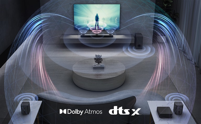 Im Wohnzimmer hängt ein LG TV an der Wand. Auf dem Fernsehbildschirm läuft ein Film. Die LG Soundbar befindet sich direkt unter dem Fernseher auf einem grauen Regal mit einem Subwoofer direkt daneben. 2 hintere Lautsprechern befinden sich weiter hinten in dem Wohnzimmer. Grafisch dargestellter Sound kommt aus allen Lautsprechern. Die Logos von Dolby Atmos, DTS:X werden unten in der Mitte des Bildes angezeigt.