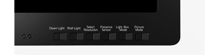 Die 6 Tastaturbefehle bieten dem Benutzer eine intuitive Steuerung: Abwärtsbeleuchtung, Wandbeleuchtung, Auflösung auswählen, Anwesenheitssensor, Leuchtkastenmodus und Bildmodus