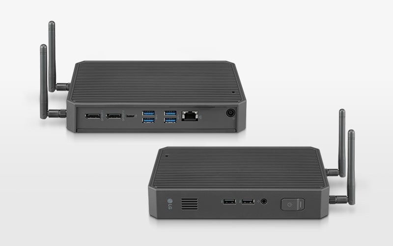 Anschlussvielfalt: DisplayPort, USB Type-C™, USB 3.2 gen1, Gigabit-Ethernet, USB 2.0, Kopfhörer und Mikrofon kombiniert.