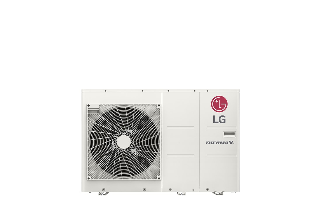 Vorderansicht des weißen rechteckigen LG R32 Monoblock S mit einem runden Lüfter und LG-Logo oben rechts.