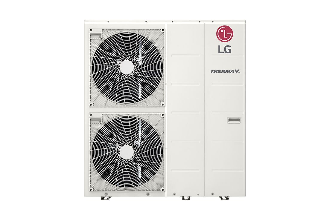 Vorderansicht des weißen rechteckigen LG R32 Monoblock S mit zwei runden Lüftern in vertikaler Richtung und LG-Logo oben rechts.	
