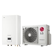 45-Grad-Rechtsseitenansicht eines weißen rechteckigen Innengeräts und eines bodenstehenden Außengeräts mit einem nebeneinander angezeigten rundem Ventilator.