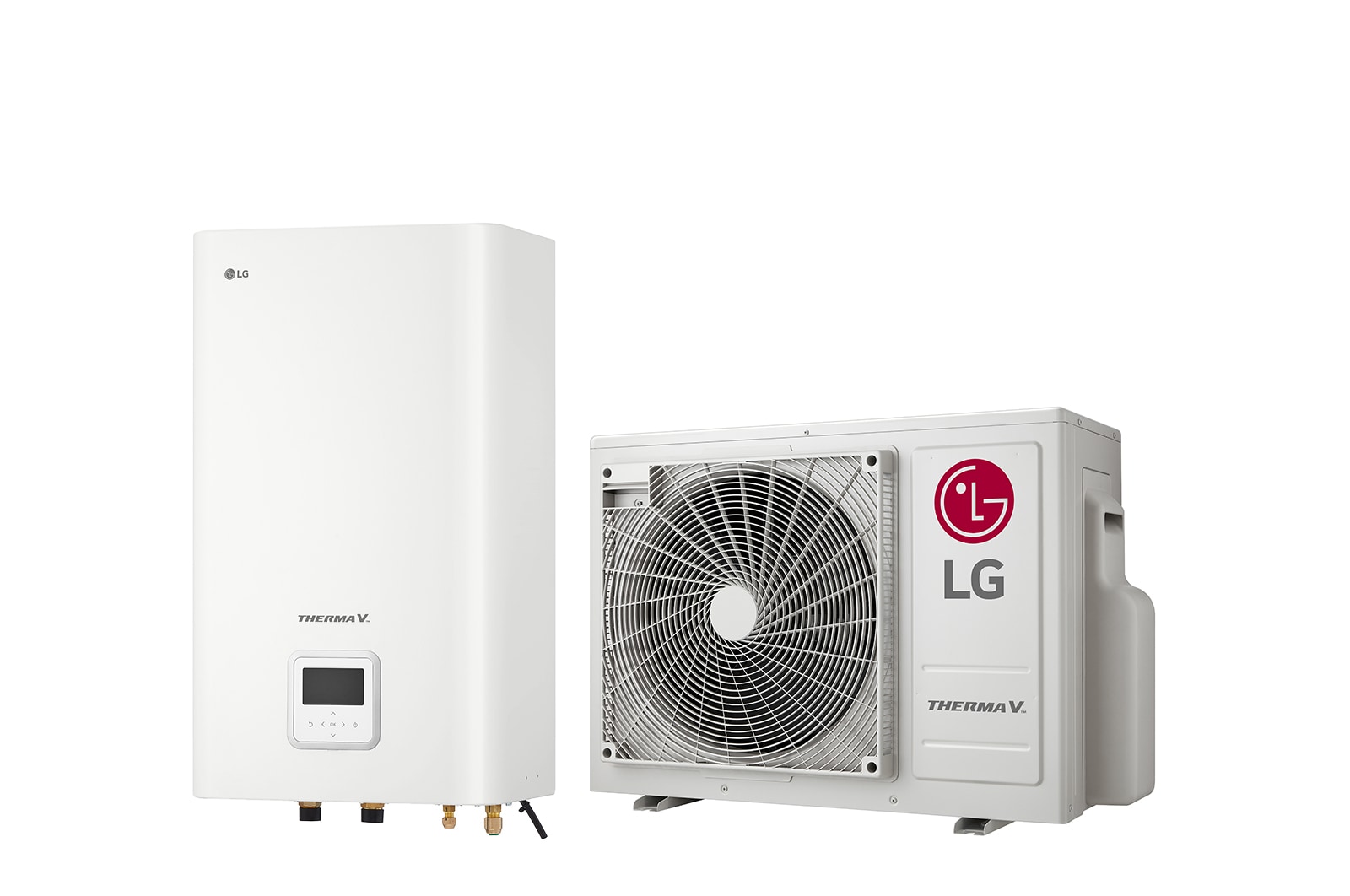 45-Grad-Seitenansicht eines weißen rechteckigen IWT-Innengeräts und eines bodenstehenden Außengeräts mit zwei nebeneinander angezeigten runden Ventilatoren.