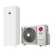 45-Grad-Seitenansicht eines weißen rechteckigen IWT-Innengeräts und eines bodenstehenden Außengeräts mit zwei nebeneinander angezeigten runden Ventilatoren.