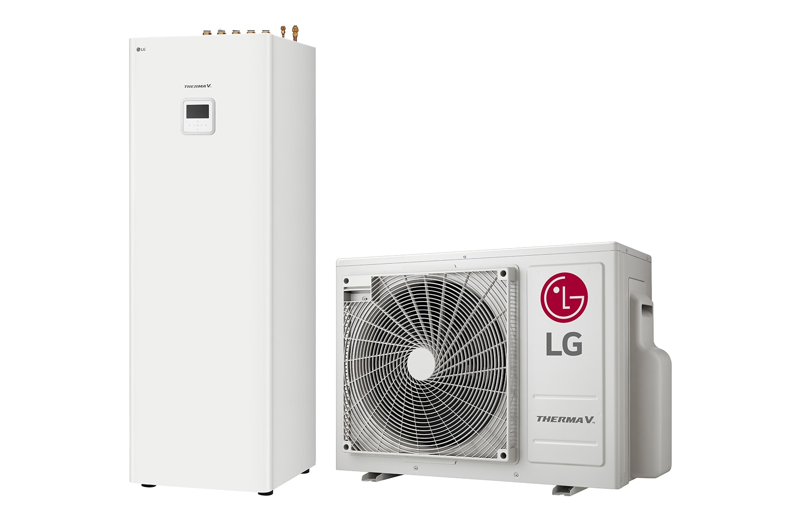 45-Grad-Seitenansicht eines weißen rechteckigen IWT-Innengeräts und eines bodenstehenden Außengeräts mit zwei nebeneinander angezeigten runden Ventilatoren.