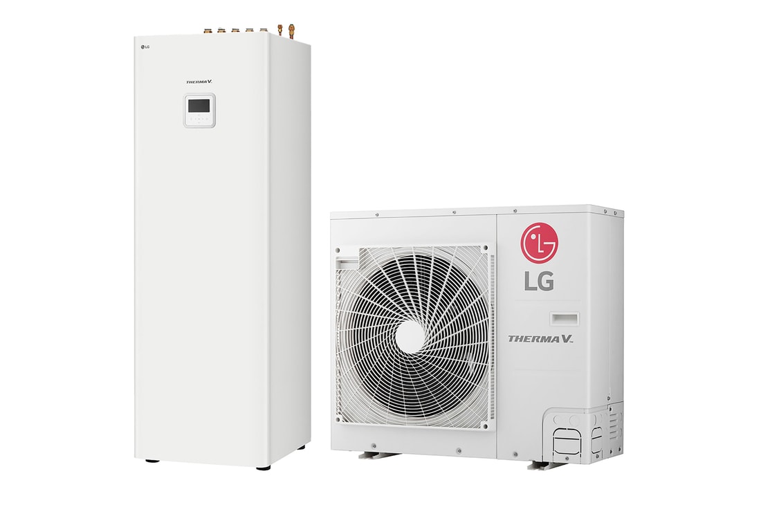 45-Grad-Seitenansicht eines weißen rechteckigen IWT-Innengeräts und eines bodenstehenden Außengeräts mit zwei nebeneinander angezeigten runden Ventilatoren.