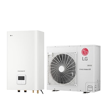45-Grad-Seitenansicht eines weißen rechteckigen IWT-Innengeräts und eines bodenstehenden Außengeräts mit zwei nebeneinander angezeigten runden Ventilatoren.