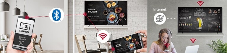 Ein Filialleiter bietet Kunden Coupons über Bluetooth an. Durch das Spiegeln eines Mobiltelefonbildschirms auf ein großes Display an der Wand des Bistros über WLAN werden Tagesmenüs beworben. Ein Display der UR640S-Serie hängt an der Wand, und eine Frau nutzt ihren Computer und ihr Mobiltelefon. Dieses Bild zeigt, dass Signage als virtueller Router fungieren kann, sodass sich der Computer und das Mobiltelefon mit dem Display verbinden können, um einen drahtlosen Zugang zu erhalten.