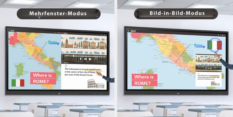 Die Funktion Smart Viewing umfasst einen Mehrfenstermodus, bei dem Daten nebeneinander angezeigt werden, sowie einen Bild-in-Bild-Modus, bei dem andere Daten über den angezeigten Daten ausgeblendet werden können.