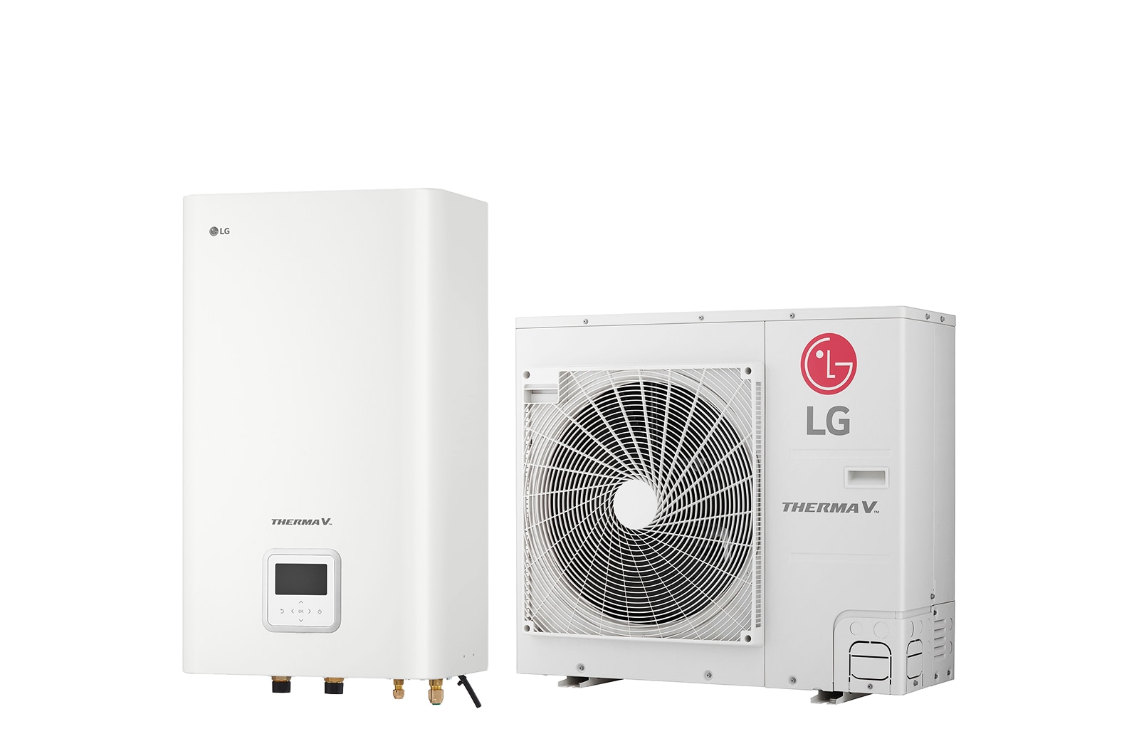 45-Grad-Rechtsseitenansicht eines weißen rechteckigen Innengeräts und eines bodenstehenden Außengeräts mit einem nebeneinander angezeigten rundem Ventilator.