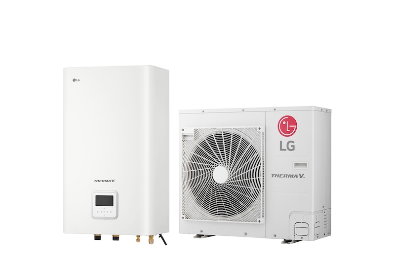 45-Grad-Rechtsseitenansicht eines weißen rechteckigen Innengeräts und eines bodenstehenden Außengeräts mit einem nebeneinander angezeigten rundem Ventilator.