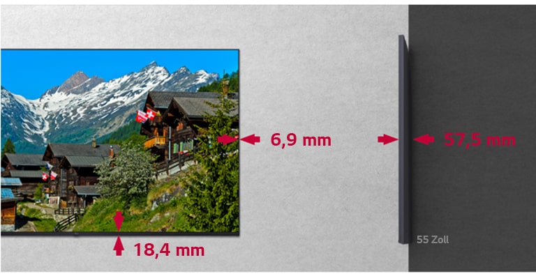 Zu sehen ist die Rahmengröße mit 6,9 mm x 18,4 mm und die geringe Tiefe von 57,5 mm.