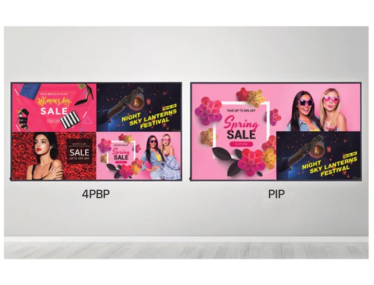 PBP bietet 4 Bildschirme für 1 Display, und PiP besteht aus dem Hauptbildschirm und dem zweiten Bildschirm in verschiedenen Layouts.