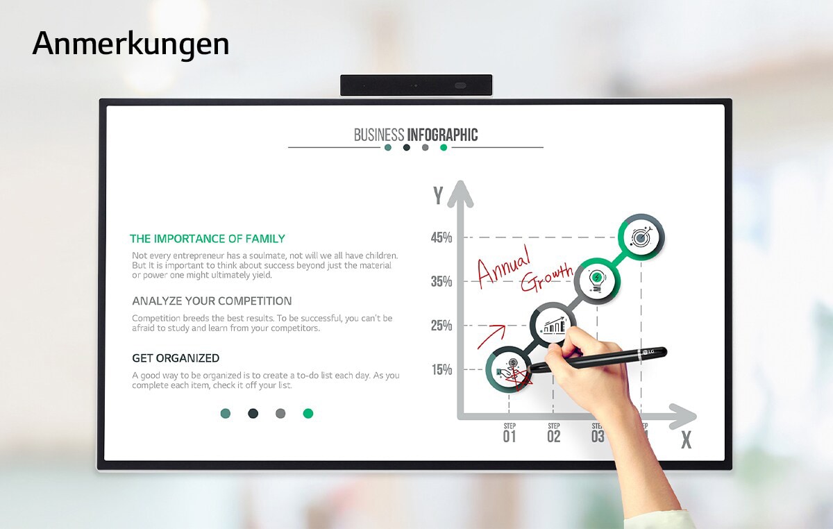 Mehrere Menschen besprechen und teilen ihre Ideen unter Verwendung von LG One:Quick Flex. Eine Person macht sich mit einem speziellen Touch-Pen Notizen zu den auf dem One:Quick-Flex-Bildschirm angezeigten Daten. Das vom LG One:Quick Flex gesendete Bild wird auf dem Smartphone einer Frau angezeigt.