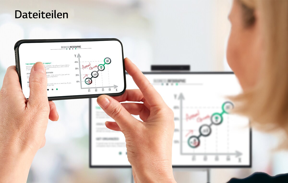 Mehrere Menschen besprechen und teilen ihre Ideen unter Verwendung von LG One:Quick Flex. Eine Person macht sich mit einem speziellen Touch-Pen Notizen zu den auf dem One:Quick-Flex-Bildschirm angezeigten Daten. Das vom LG One:Quick Flex gesendete Bild wird auf dem Smartphone einer Frau angezeigt.