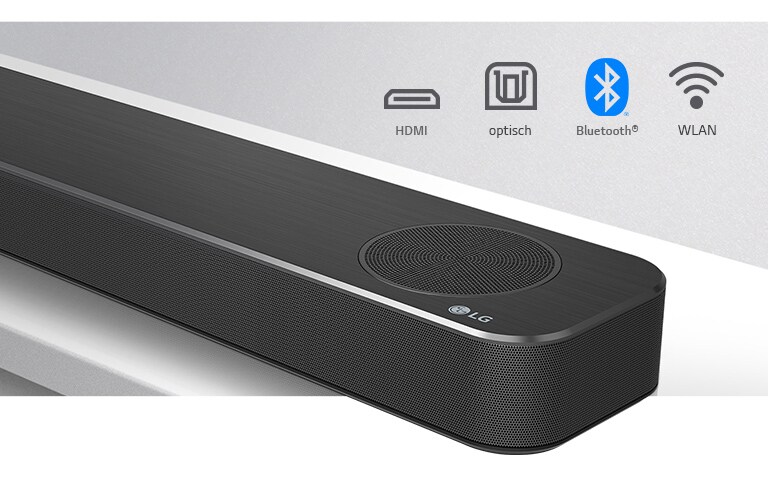 Nahansicht der rechten Seite der LG Soundbar mit LG-Logo unten rechts. Über dem Produkt dargestellte Konnektivitätssymbole.